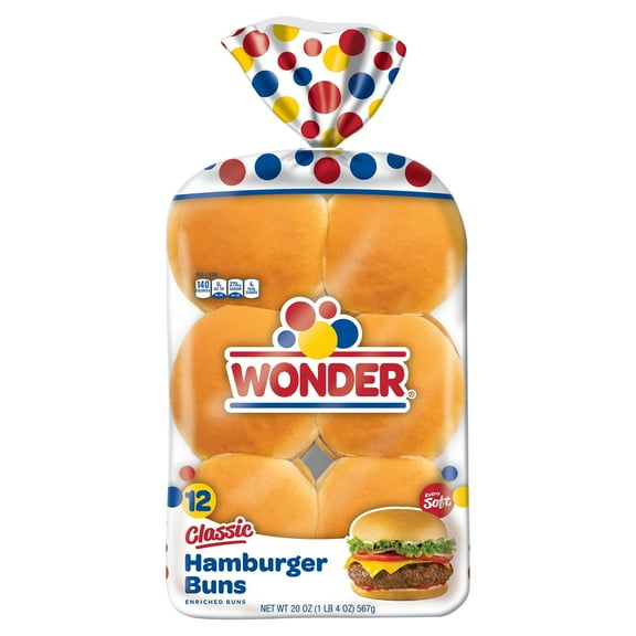 Wonder Bread Classic Extra Soft White Bread Hamburger Buns, 20 oz, 12 Ct, Shelf-Stable