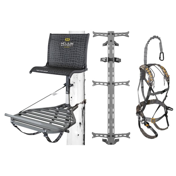 Hawk Helium Kickback Tree Stand, 3 Climbing Sticks & Muddy Ambush Harness