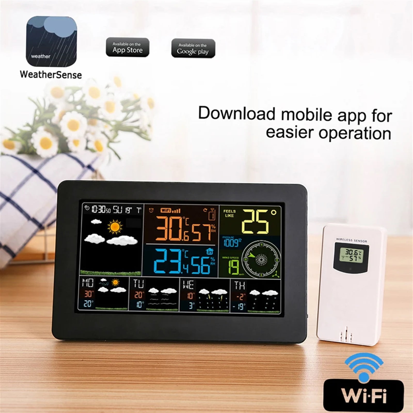 Smart Weather Station Indoor Outdoor Temperature Humidity Barometric Wind Speed Display APP Control Multifunctional Clock