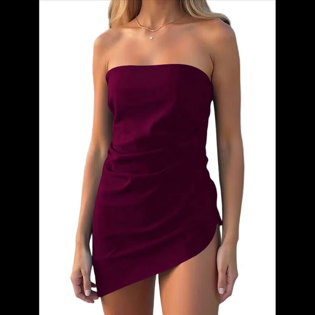 Tops de Tubo de Verano para Mujer 2025, Blusas de Moda Sin Tirantes Fruncidas para Salir, Conjuntos de Camisetas Bandeau Asimétricas. Vino Tinto L