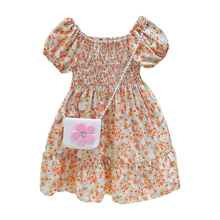 

Summer Ruffle Puff Sleeve Little Girls Dress Fashion Cute Floral Printed Princess Dress With Satchel Bag Kids Baby Sweet Sundress Outwear Leisure Dailywear
