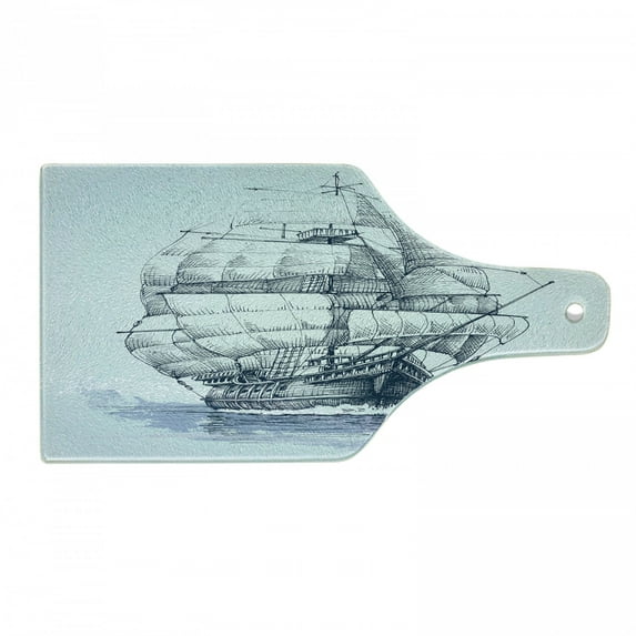 Vintage Boat Cutting Board, Old Sketch Yacht at Sea Adventure in Ocean Marine Aquarelle Art, Decorative Tempered Glass Cutting and Serving Board, Wine Bottle Shape, Pale Blue Dark Blue, by Ambesonne