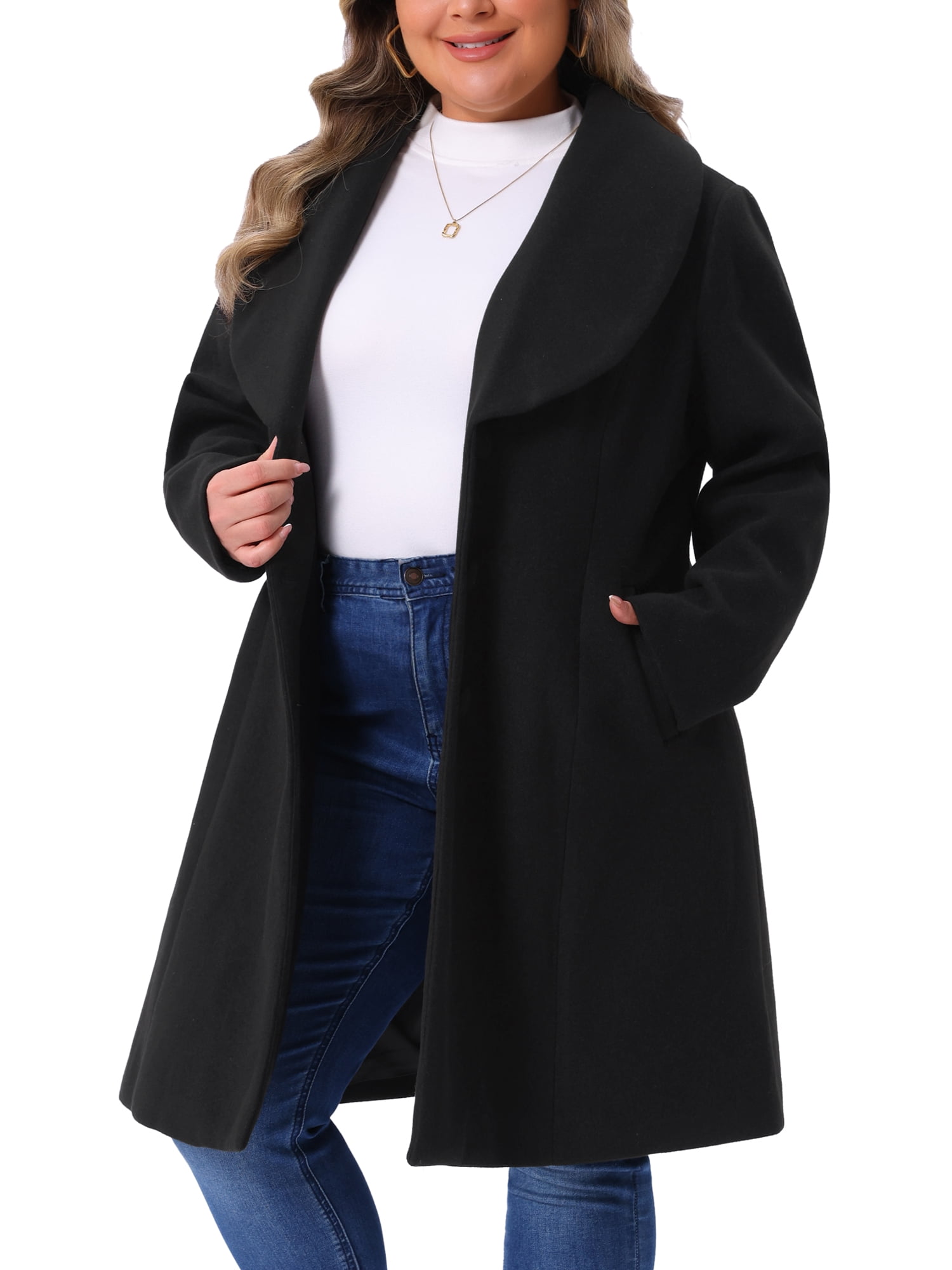 DARING DIVA Women's Plus Size Winter Outerwear Coat with Shawl Collar 3X Black