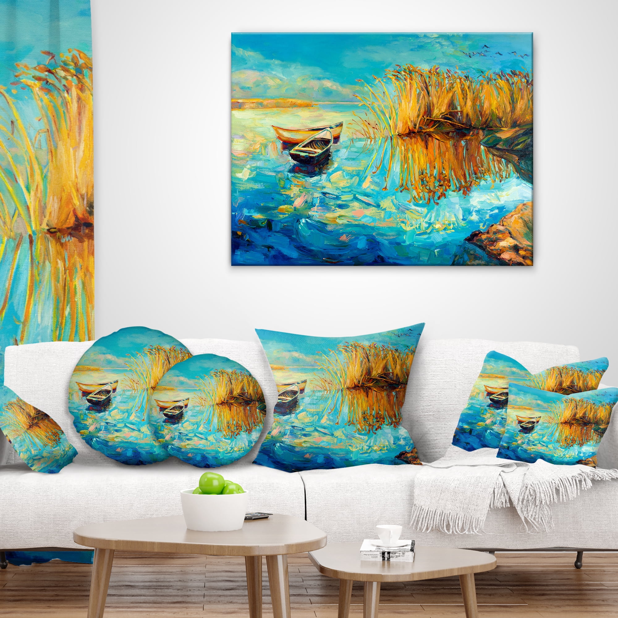 Designart Colorful Lake with Boats - Seascape Throw Pillow - 12x20