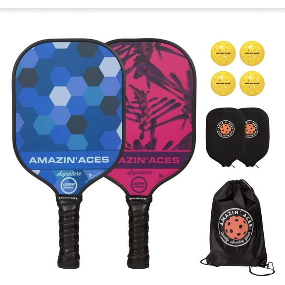 Amazin' Aces Signature Pickleball Set w/ 2 Graphite Face Paddles (Blue & Pink), 4 Balls, Bag, USAPA