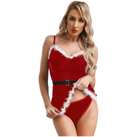 vastwit Women s Miss Claus Lingerie Dress Velvet Christmas Slip Dress with Briefs Belt Red M