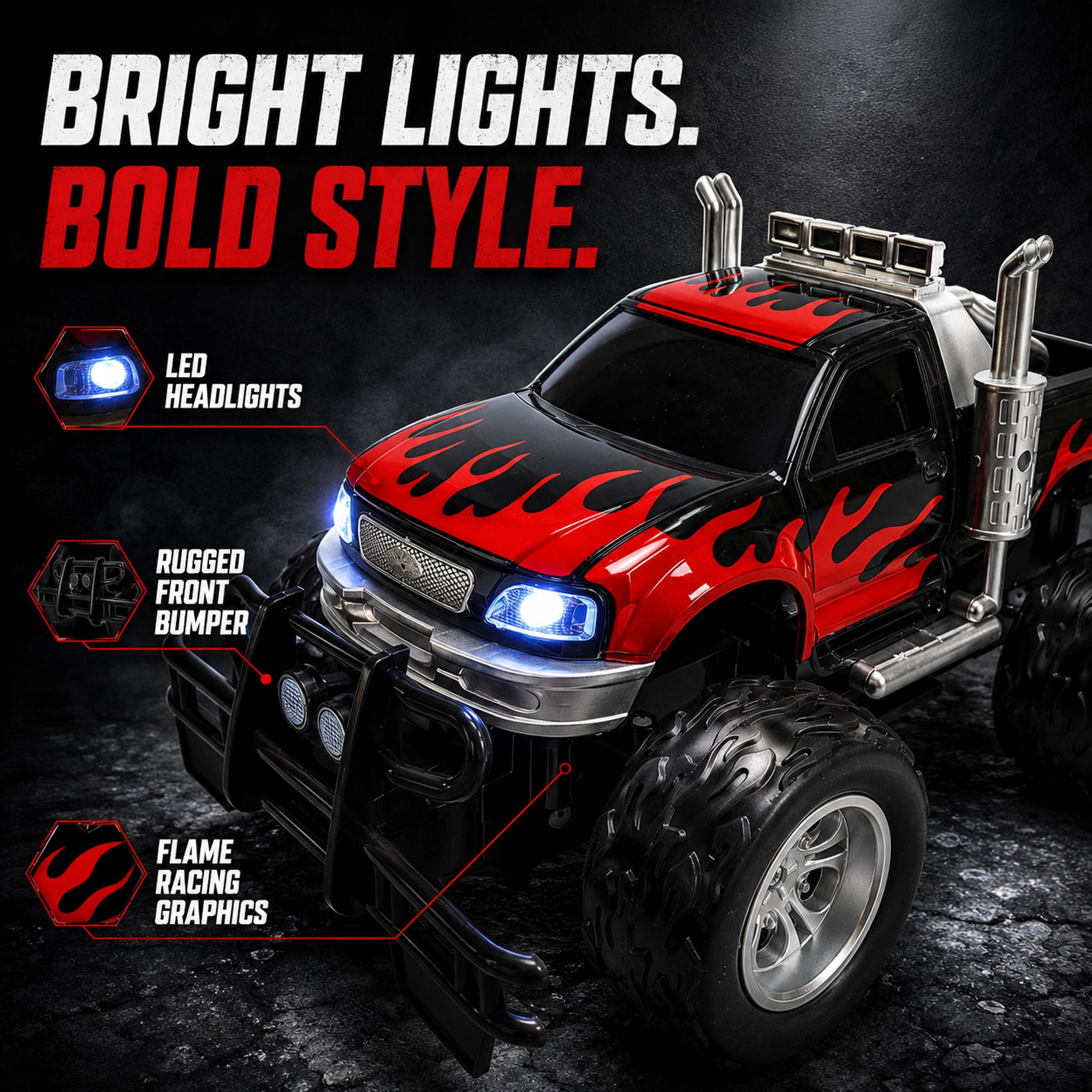 RC Monster Truck Toy for Kids, Remote Control Off-Road Racing Truck with Light-Up Front Lights, Flame Graphics, Big Tires, Red Black