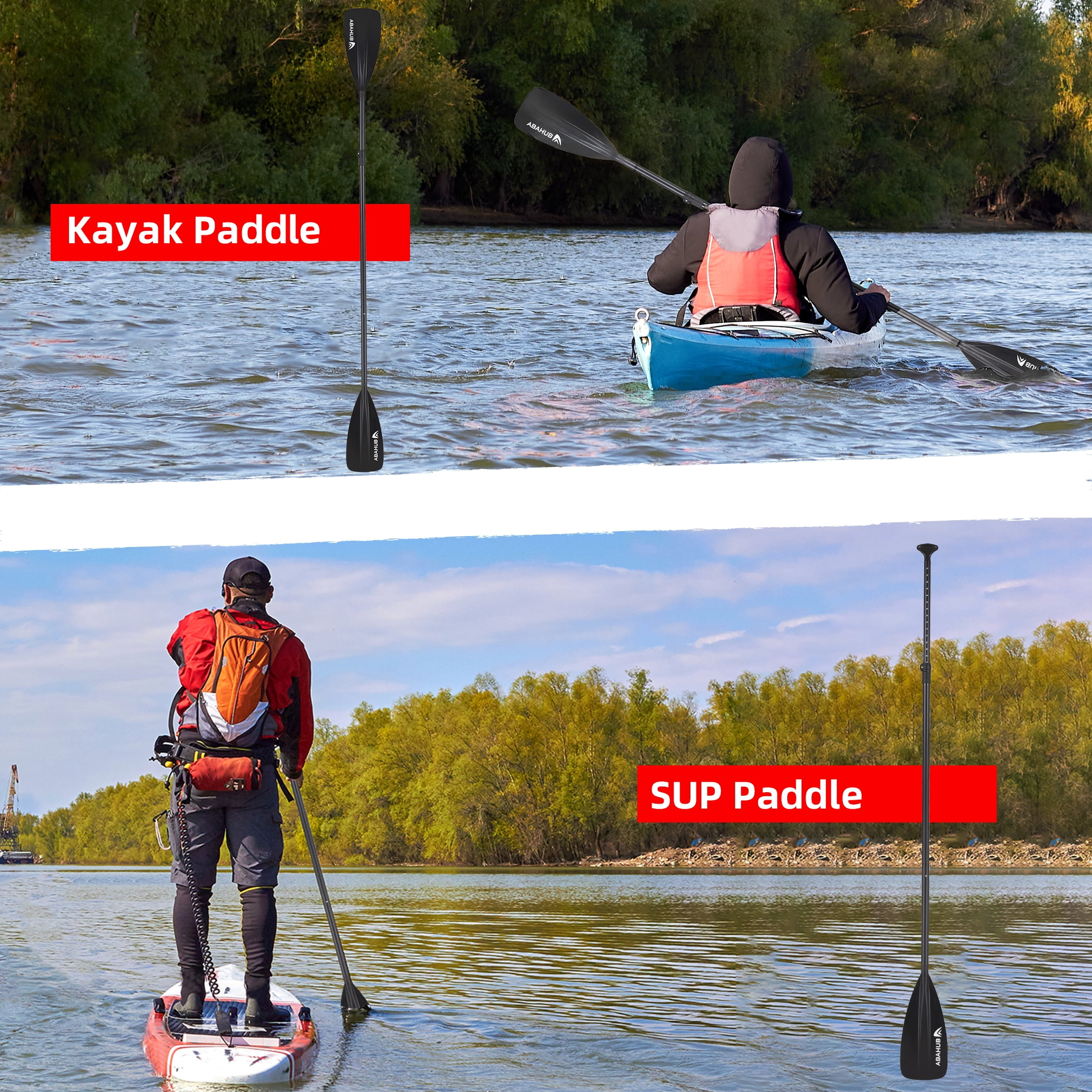 AbahubFit Paddle Oars for SUP and Kayak 2-IN-1, Adjustable Lightweight Paddle (4-Piece), Aluminum Shaft 68-84"(Black)