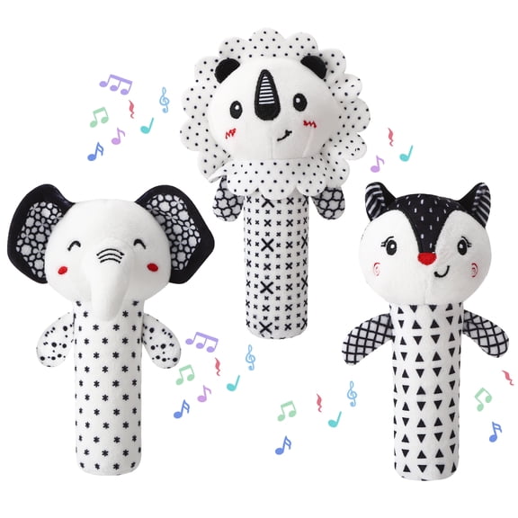 KABOER 3 Pcs Baby Rattles 0-12 Months, Black and White Newborn Toys, Soft Plush Rattle Stuffed Animal Toy, Developmental Hand Grip Toys