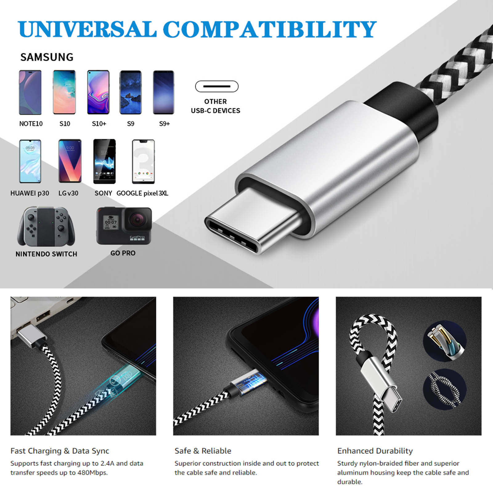 Pack 3.3ft+6.6ft+10ft)USB Type C Cable,Nylon Braided USB C Cable 3A Fast Charger  Charging Cord Compatible Samsung Galaxy S20 20+ 20 Ultra S9 S8 Note  Plus,LG V30 G6 G5