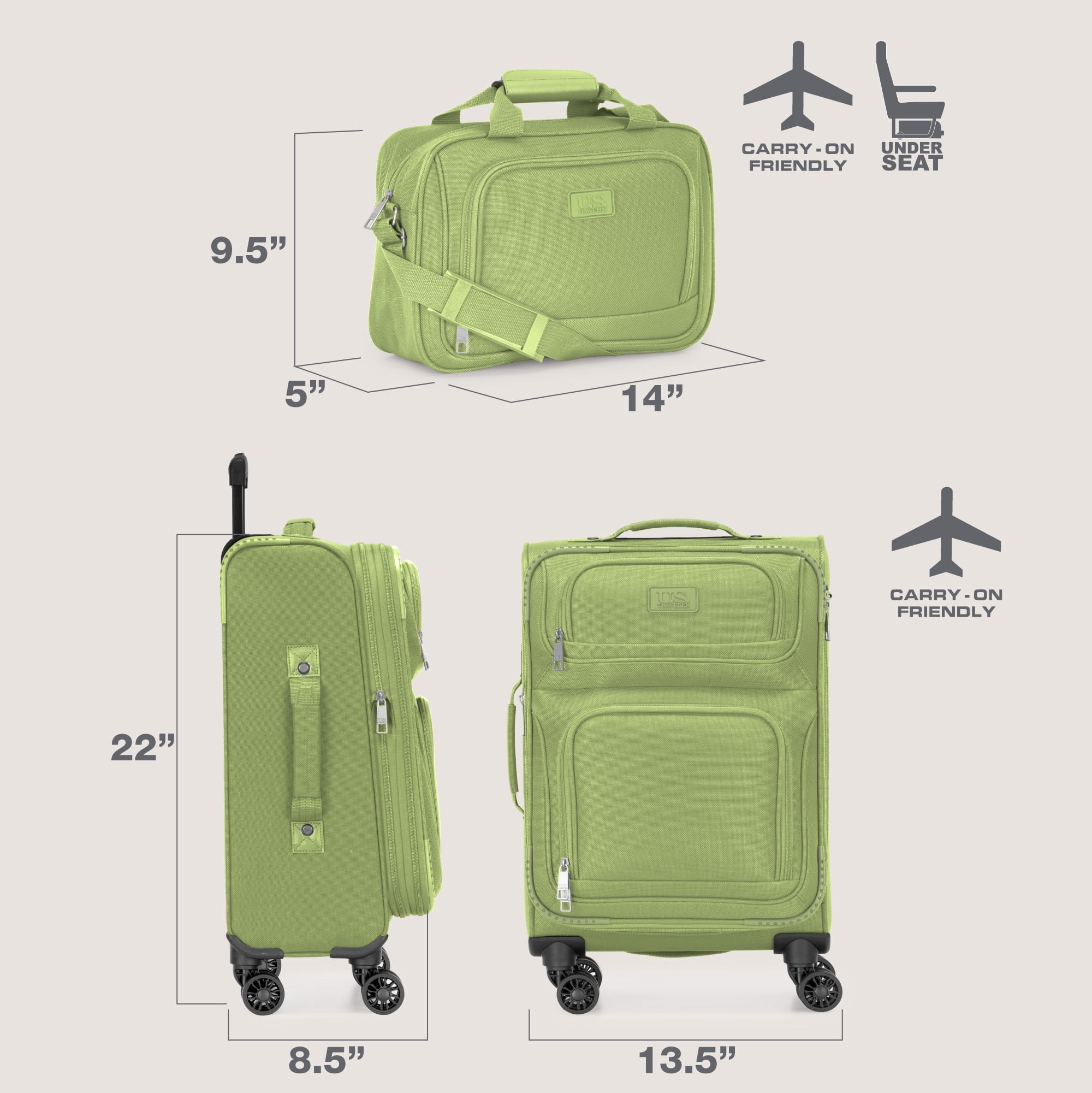 U.S. Traveler Rio 2-Piece Expandable Softside Carry-on Luggage Set - Spinner Wheels, TSA-Approved, Tote Bag, Lightweight Travel Suitcase, Light Green (22/14)
