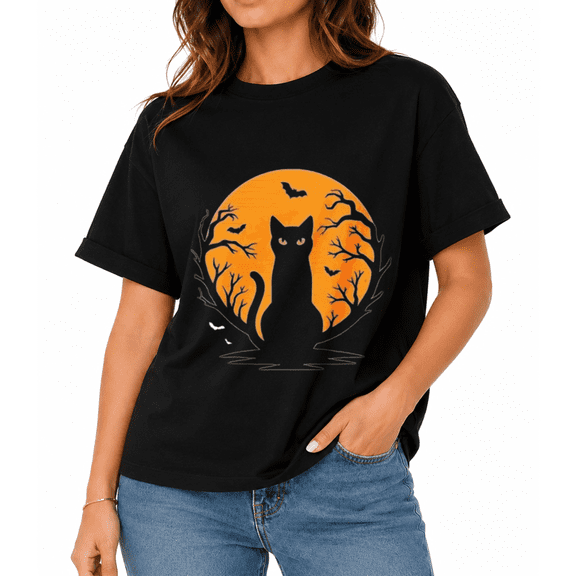Women's Black Cat Moon Graphic T-Shirt, Halloween Fall Casual Short Sleeve Tee