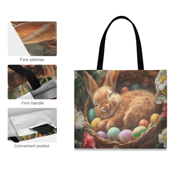 Canvas Tote Bag for Women Girls Design Print Bunny Sleeping with Easter Eggs Tote