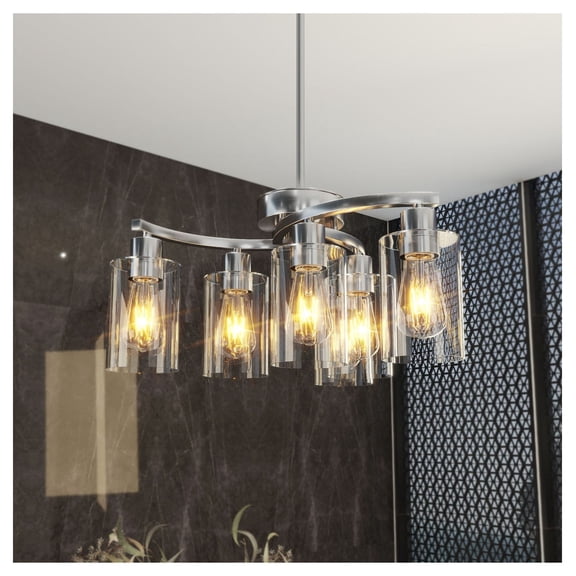 6-Light Chandelier, Brushed Nickel Pendant Light Fixture for Dining Room, Adjustable Kitchen Island Lighting, Modern Clear Glass Shade