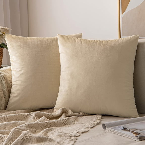 Velvet Throw Pillow Covers 18x18 Inch Set of 2, Soft Decorative Square Cushion Covers with Hidden Zipper for Couch Sofa Bed Living Room Car Home Decor,Khaki