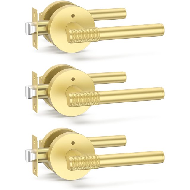 3 Pack Brushed Gold Door Handles Interior, Knurled Privacy Door Handles with Lock,Gold Door Lever for Bedroom or Bathroom,Reversible Keyless for Left Right Handed Doors AM0027 Brushed Gold Privacy