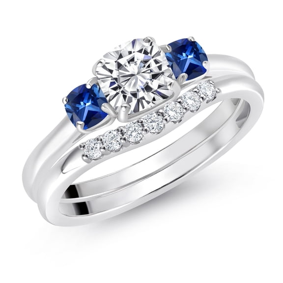 Gem Stone King 10K White Gold Lab Grown Diamond and Blue Created Sapphire 3-Stone Bridal Engagement Wedding Ring Set for Women | 1.03 Cttw | 5MM and 3MM Cushion Cut | Size 5,6,7,8,9