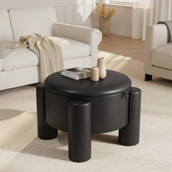 24 Inch Round Ottoman with Storage, Leather Round Coffee Table with Removable Top, Modern Upholstered Storage Ottoman Footrest Stool for Living Room, Small Apartment, Black