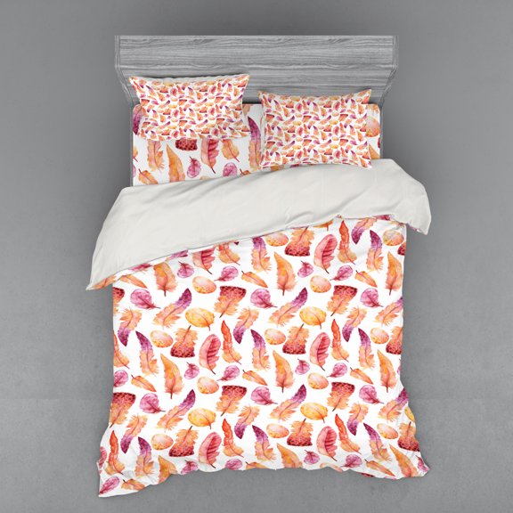 Feather Duvet Cover Set, Quills with Brush Marks Hand Drawn Nature Illustration Inspirations, Bedding Set with Shams and Fitted Sheet, 3 Sizes, by Ambesonne