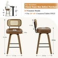 thumbnail image 5 of WOOW DEPOT Cane Swivel Counter Height Bar Stools Set of 4, 26" Upholstered Brown Faux Leather Barstools w/ Rattan Mid-Back & Wood Legs, Mid Century Modern Bar Chair Island Stool, 5 of 11