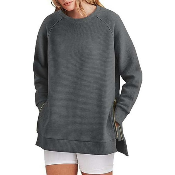 Jiyugala Sweatshirt for Women Sweatshirts Long Sleeve Tunic Tops Crew Neck Soft Pullover With Side Zipper Shirt Clothes 2023