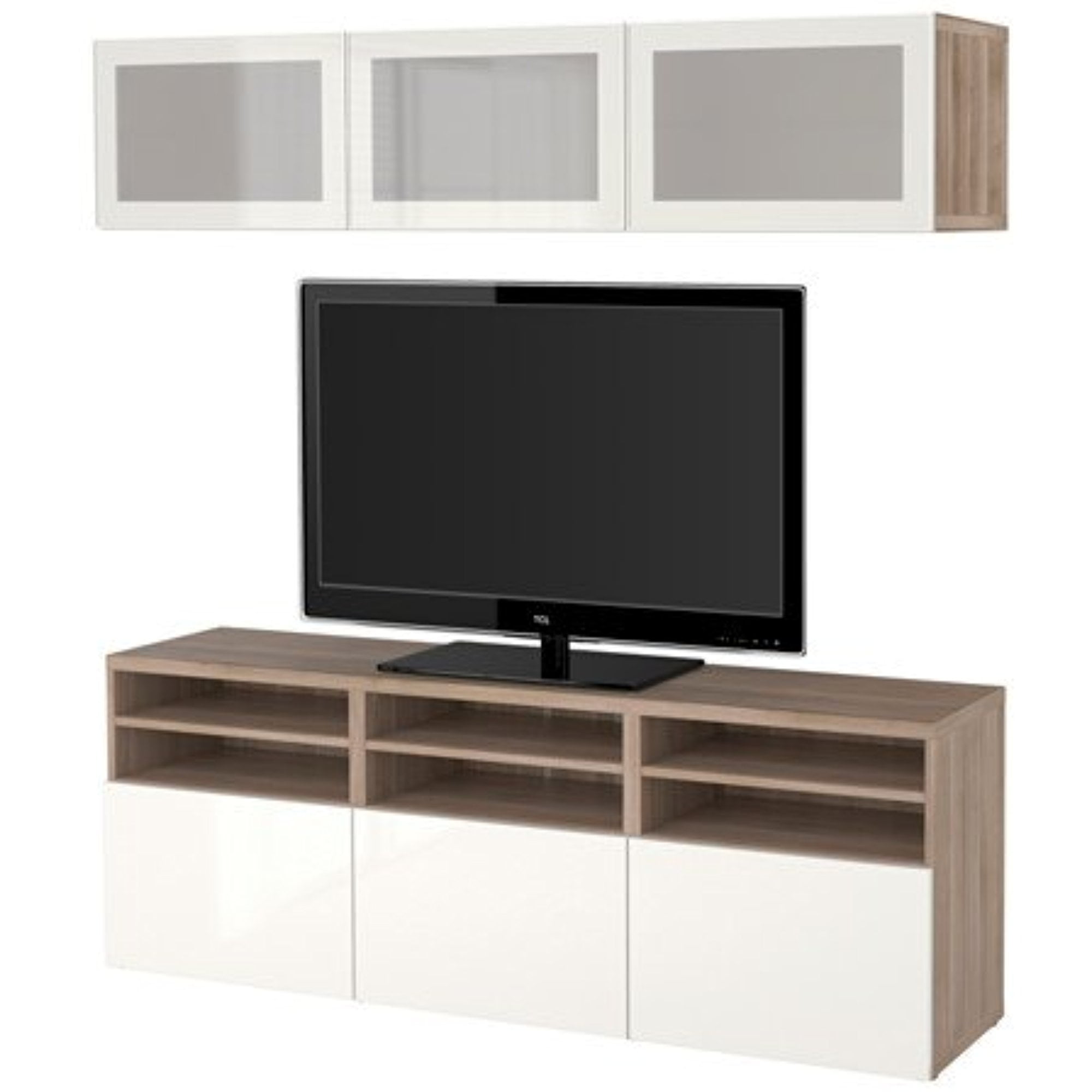 Ikea TV storage combination with drawers and glass doors, walnut effect light gray