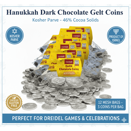 Hanukkah Chocolate Gelt Coins, Dark Chocolate, Kosher Parve, 16 Mesh Bags Perfect for Dreidel Games, Chanukah Celebrations