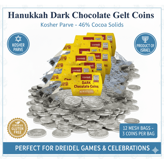 Hanukkah Chocolate Gelt Coins, Dark Chocolate, Kosher Parve, 16 Mesh Bags Perfect for Dreidel Games, Chanukah Celebrations