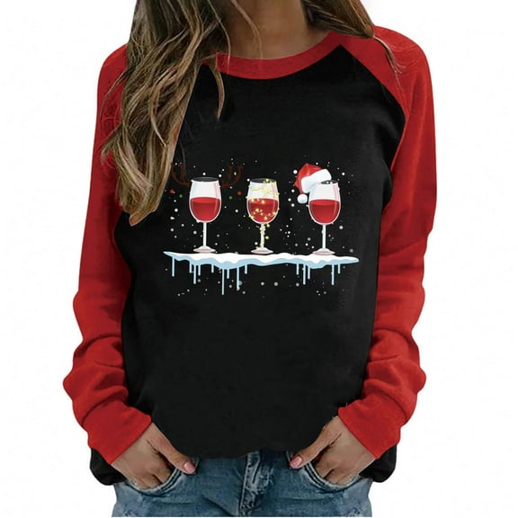 Women's Patchwork Christmas Red Wine Glass Printed Long Sleeves Round Neck Casual Tee Tops