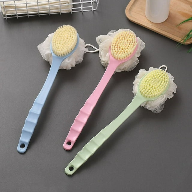 3 paquetes de cepillo corporal de ducha con cerdas y lufa, esponja de malla para frotar la espalda con mango largo curvado para baño exfoliante de la piel