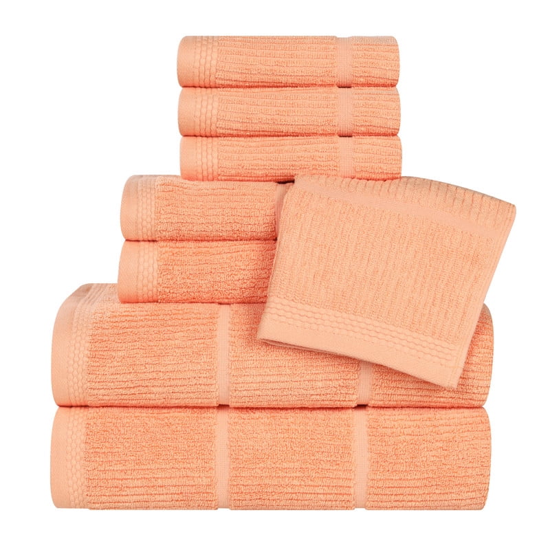 Superior Milo 8 Piece Smart Twist Cotton Towel Set, Medium Weight Ribbed Design Towels, Peach