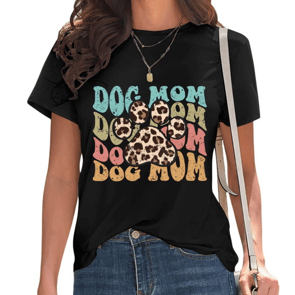 Black Retro Groovy Leopard Print Dog Mom Tshirt Graphic Tees Shirts Vintage Pet Lover 70s Style Mother's Day Gift Comfort Tops S-5XL