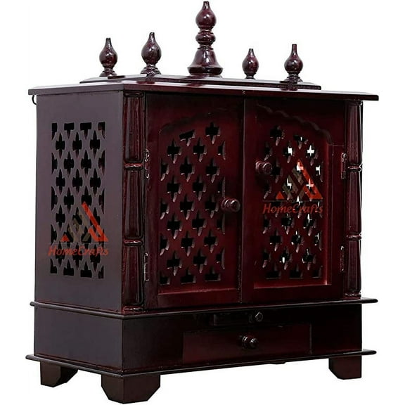 Homecrafts Handpainted Wooden Home Temple/ Mandir/ God Stand/ Pooja Stand/ Home Mandap/ Mandapam with Doors and Medium Size (Color-DRM0) (in Side Partition Shelf) Medium Size- 20x11x24 Inch