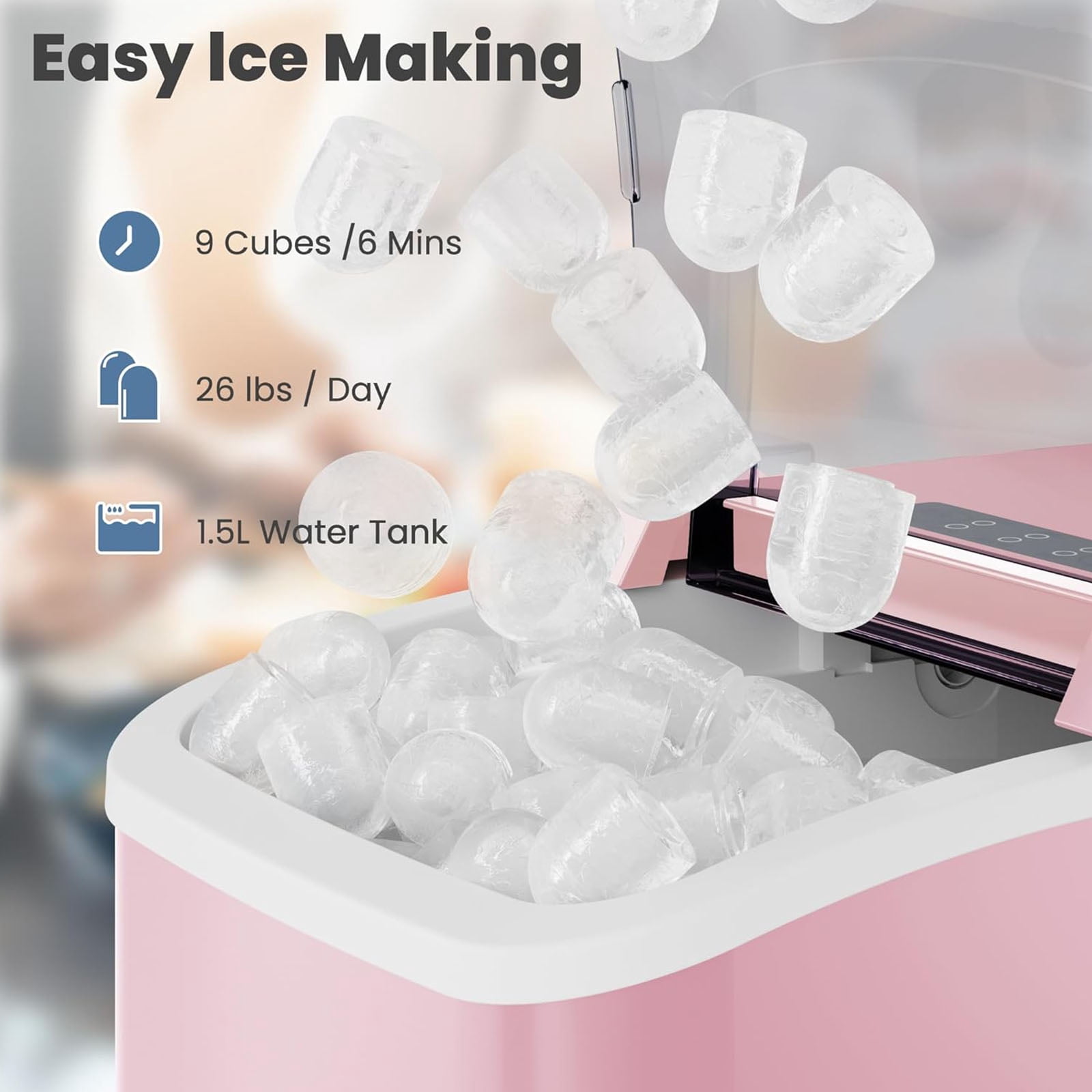 Casabay Portable Countertop Ice Maker with Handle, 6 Mins 9 Ice Cubes, Self-Cleaning, 24H High Output for Home, Parties & Camping, Pink