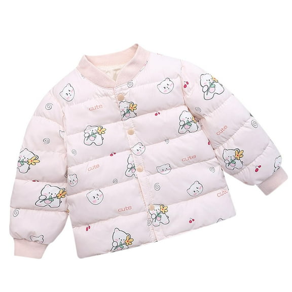 HAOTAGS Toddler Girls Hoodless Puffer Jackets, Casual Winter Warm Outerwear Long Sleeve Cut Carton Print Turndown Neck Pink 7 T