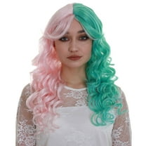 HPO | Adult Women's Two Tone Green and Pink Color Curly Medium Length Trendy Calypso Wig
