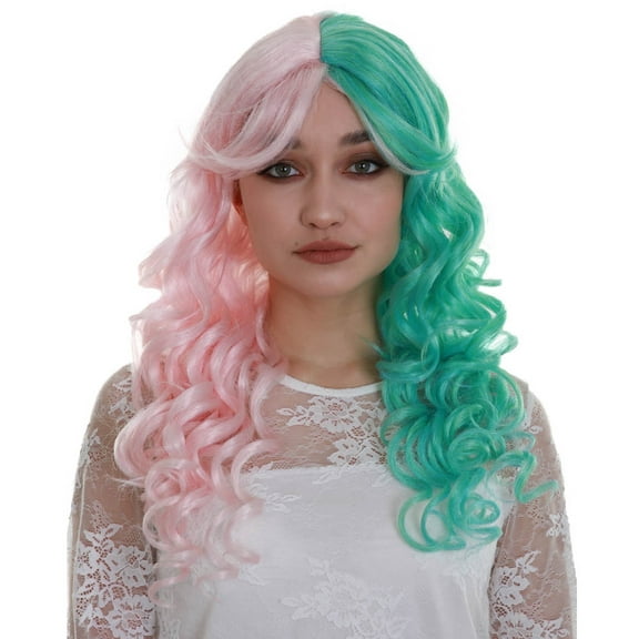 HPO | Adult Women's Two Tone Green and Pink Color Curly Medium Length Trendy Calypso Wig