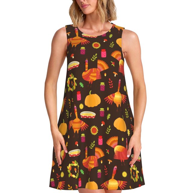 Fotbe Thanksgiving Turkey Vestido de Verano sin Mangas para Mujer – Vestido Midi Línea A, Estilo Camiseta Floral, Vestido Playero Casual y Fluido