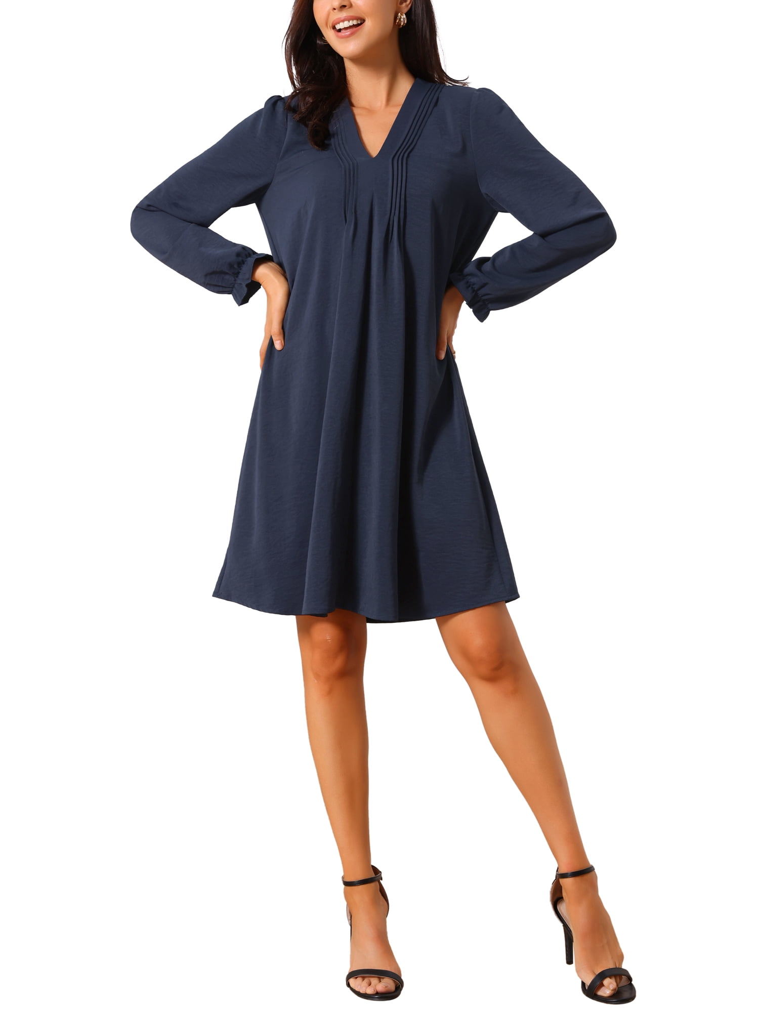 DARING DIVA Women's Casual Knee Length V Neck Pleated Flowy Shirt Dress S Dark Blue