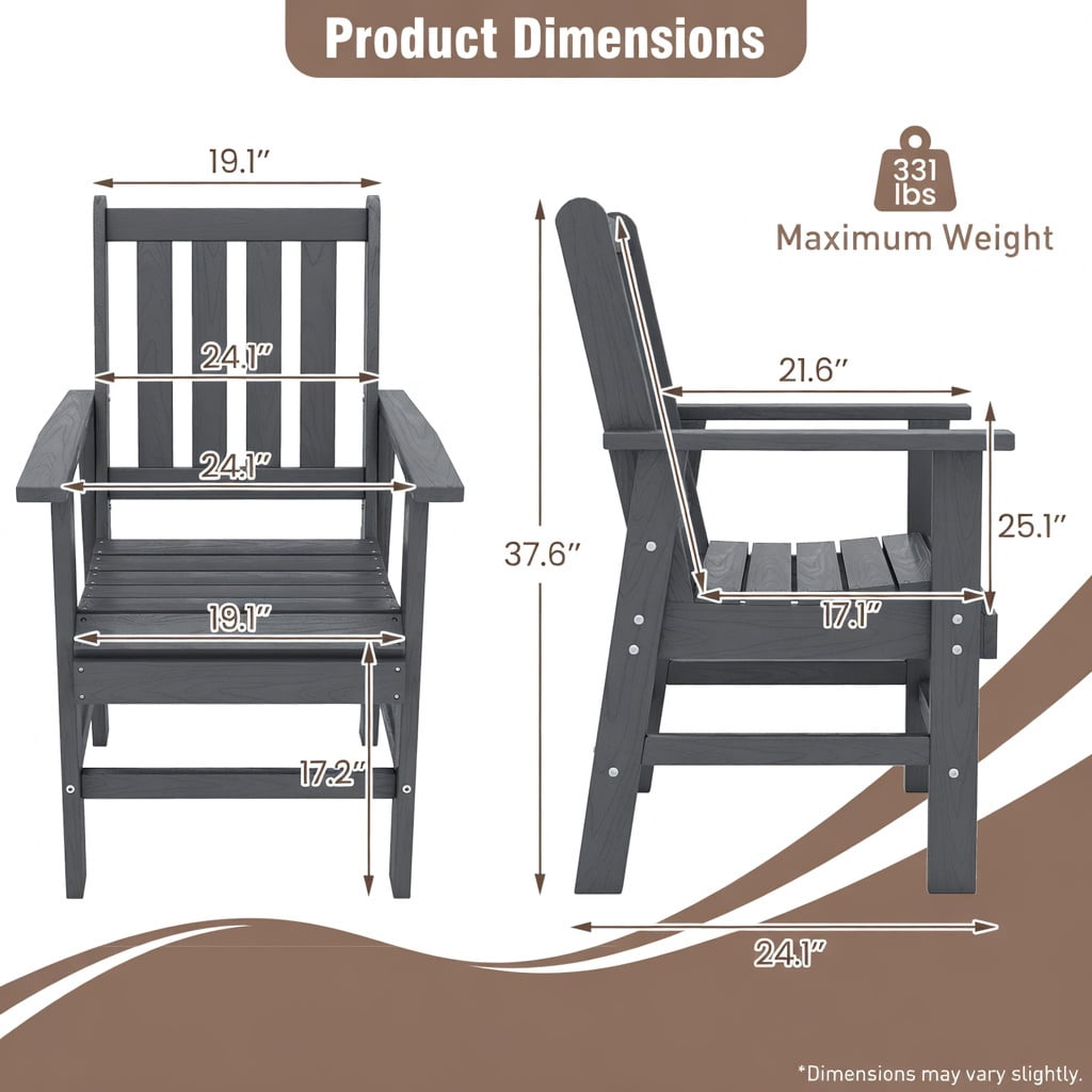 Hommoo 2-Pack Modern Patio Dining Chairs with Wide Armrests, HDPE Outdoor Chairs for Deck, Patio & Backyard, Sturdy, Weather-Resistant, Easy Assembly, Gray