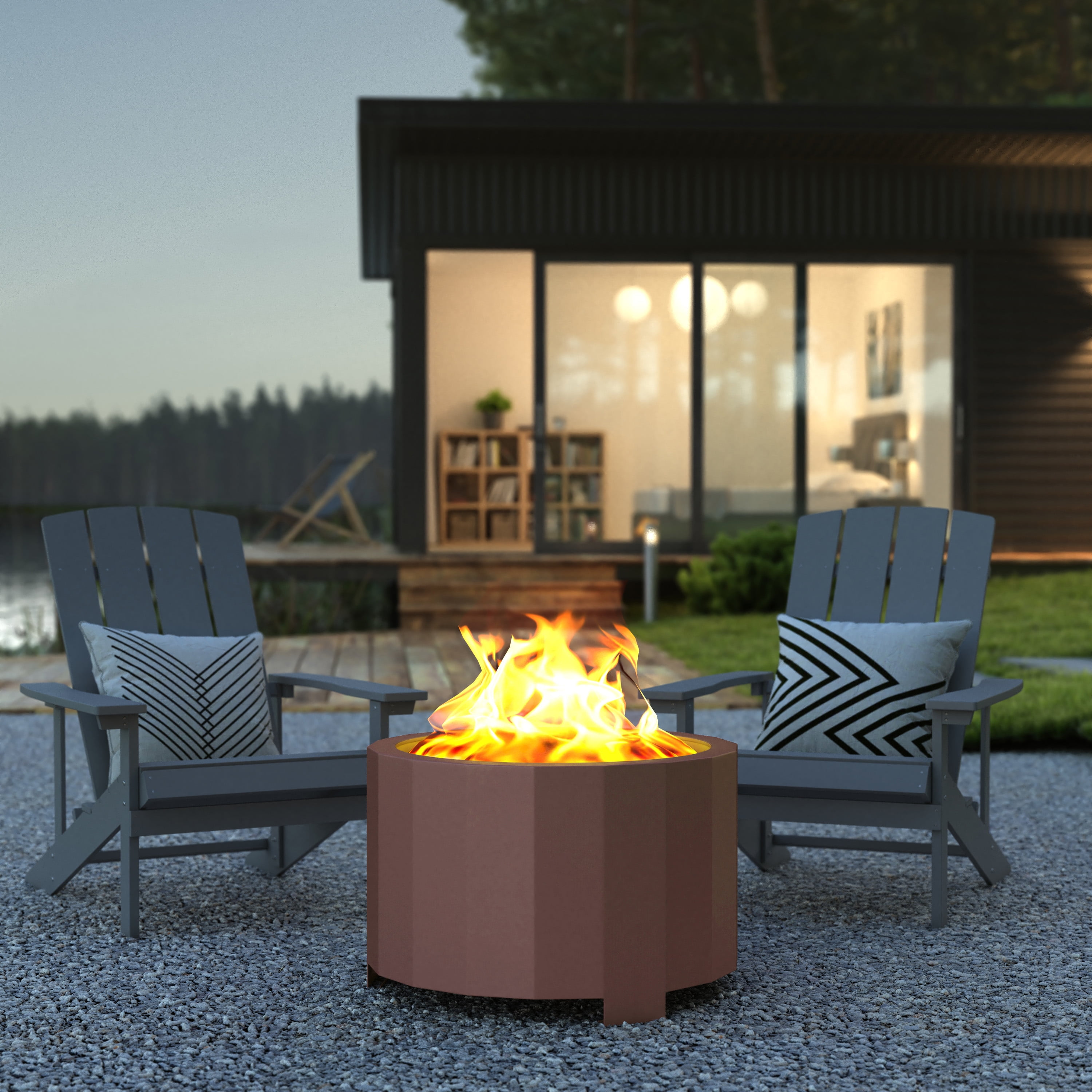BizChair Commercial Grade 27 inch Smokeless Outdoor Firepit, Natural Wood Burning Portable Fire Pit With Waterproof Cover, Bronze