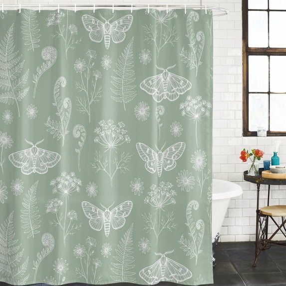 Sage Green Butterfly Botanical Bathroom Shower Curtains with 12 Hooks Polyester Waterproof Shower Curtain for Stalls and Bathtubs Summer Plants Line Art Decorative Bathroom Curtain 72x78 Inches