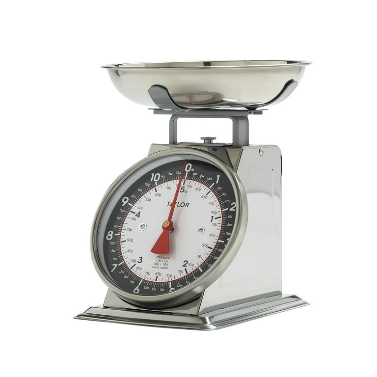 Taylor Modern Mechanical Kitchen Weighing Food Scale Weighs up to 11lbs,  Measures in Grams and Ounces, Black and Silver 