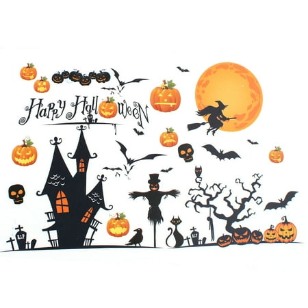 Halloween Pumpkin Witch Moon Bat Design PVC Wall Decor Sticker DIY Wallpaper