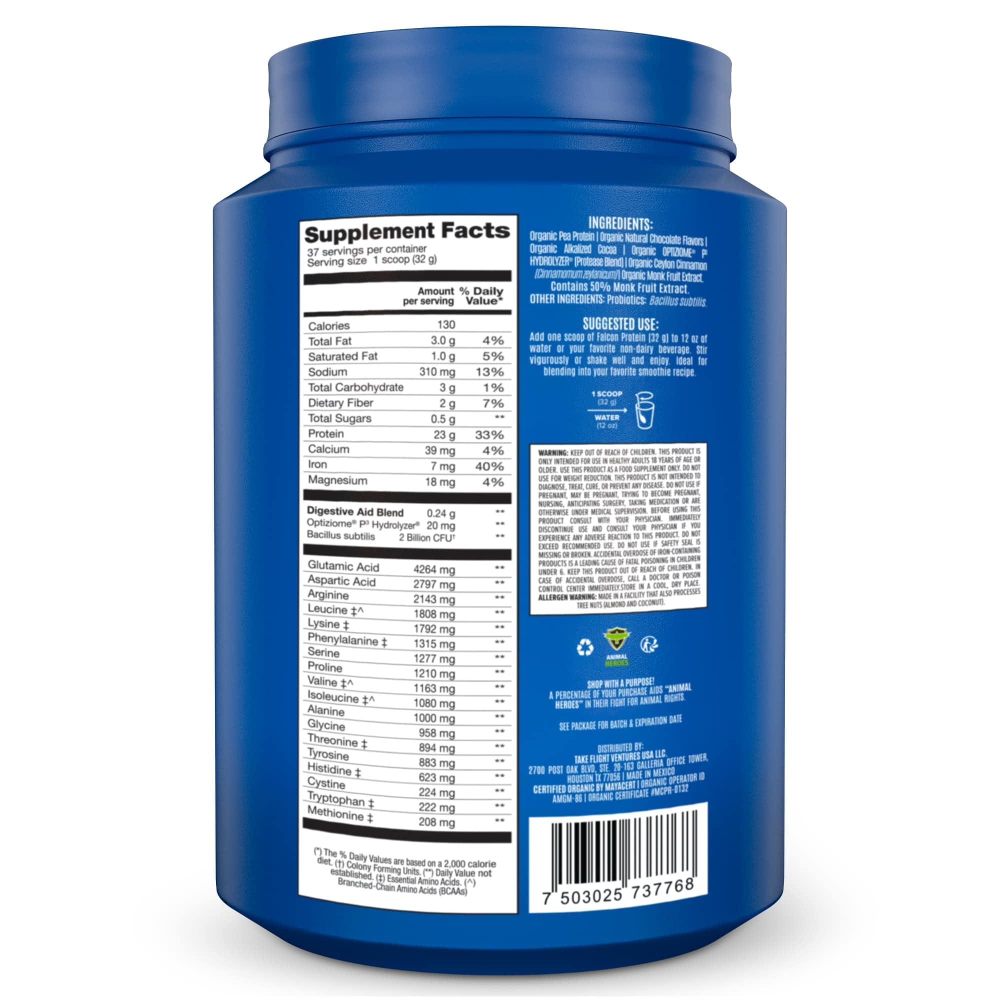 BIRDMAN Falcon Organic Vegan Protein Powder, Stevia & Sugar Free, Chocolate, 37 Servings, 2.64lb