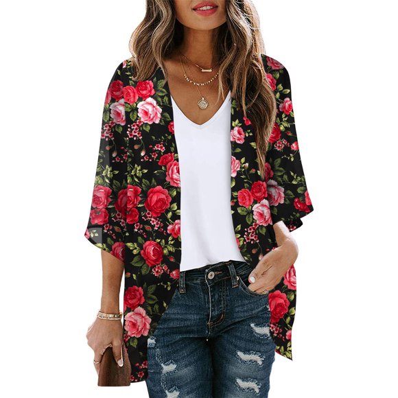 lcziwo 2024 Kimono Sleeve Ladies Tops Cardigan for Women Lightweight Summer Floral 3/4 Sleeve Duster Cardigans Casual Comfort Open Front Kimonos Cover Up Blouse White S