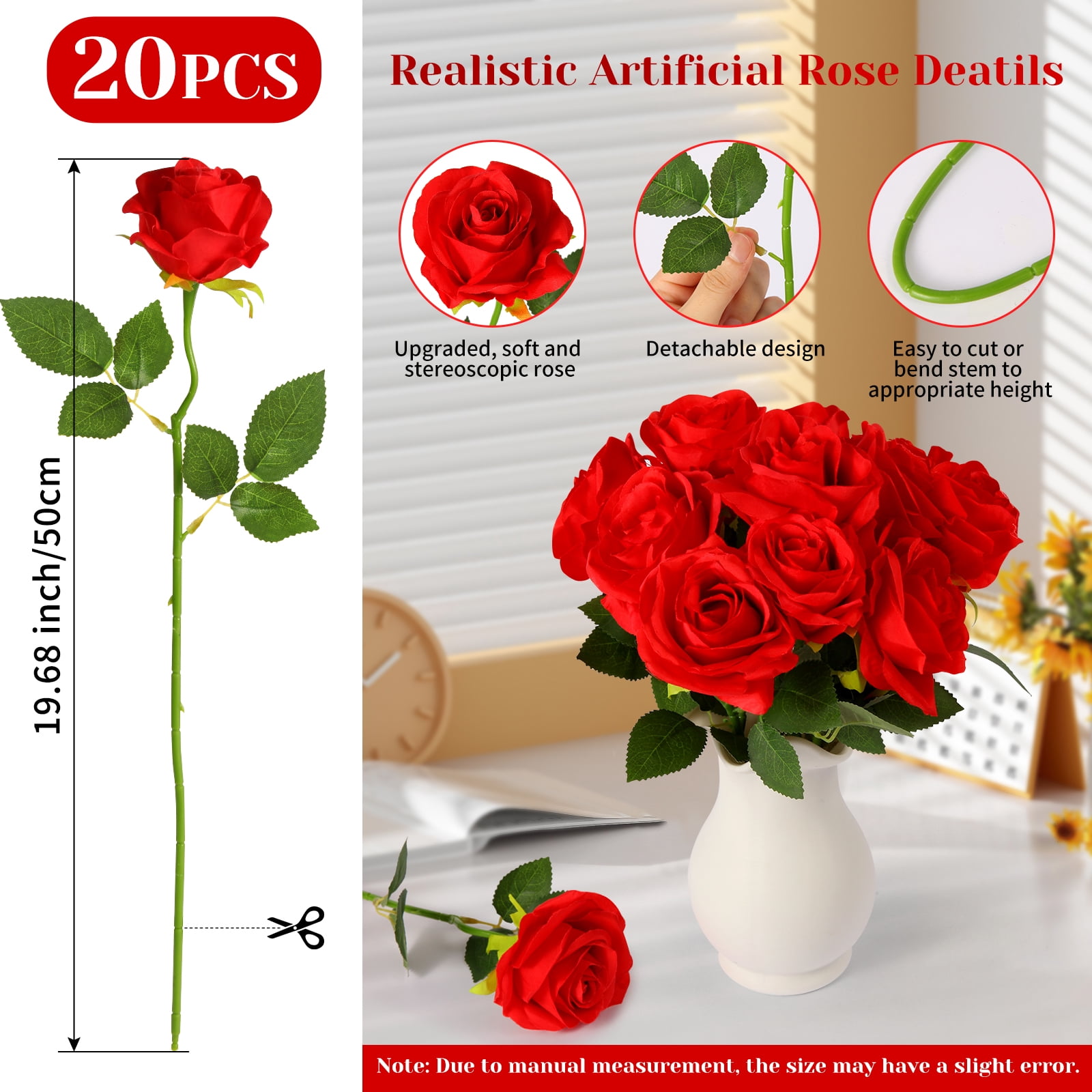 DUOTAN 20 PCs Red Roses Artificial Silk Flowers, 4’’Big Flower Head Artificial Roses with Long Stems, Realistic Fake Roses Bulk for Home Wedding Bouquet Arrangements Party Decoration