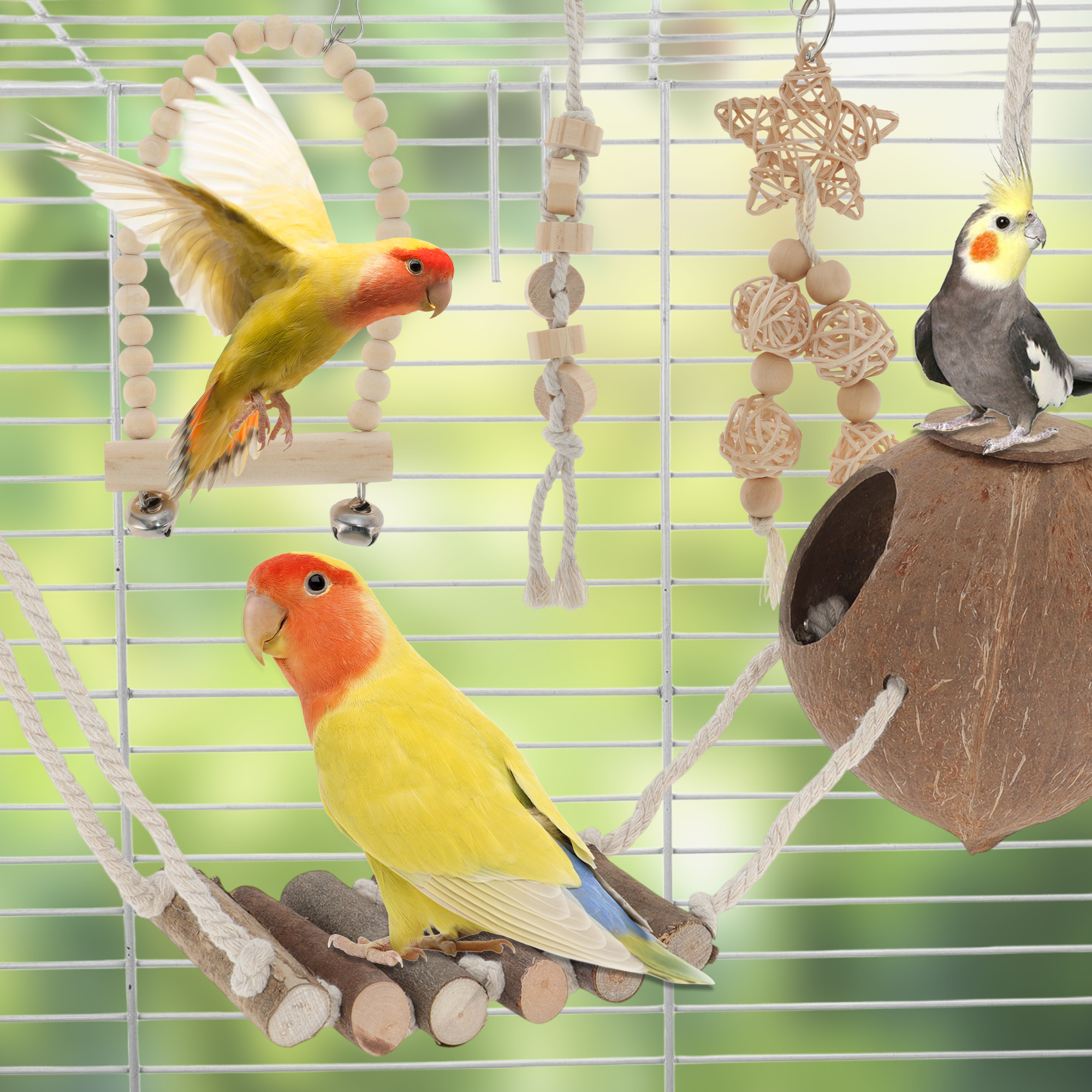 Unique Bargains 9pcs Cockatiel Toys Interactive Bird Toy Parrot Toys Parrots Chewing Wood and Rope Bird Cage Accessories for Parakeets Cockatiel Wood Color