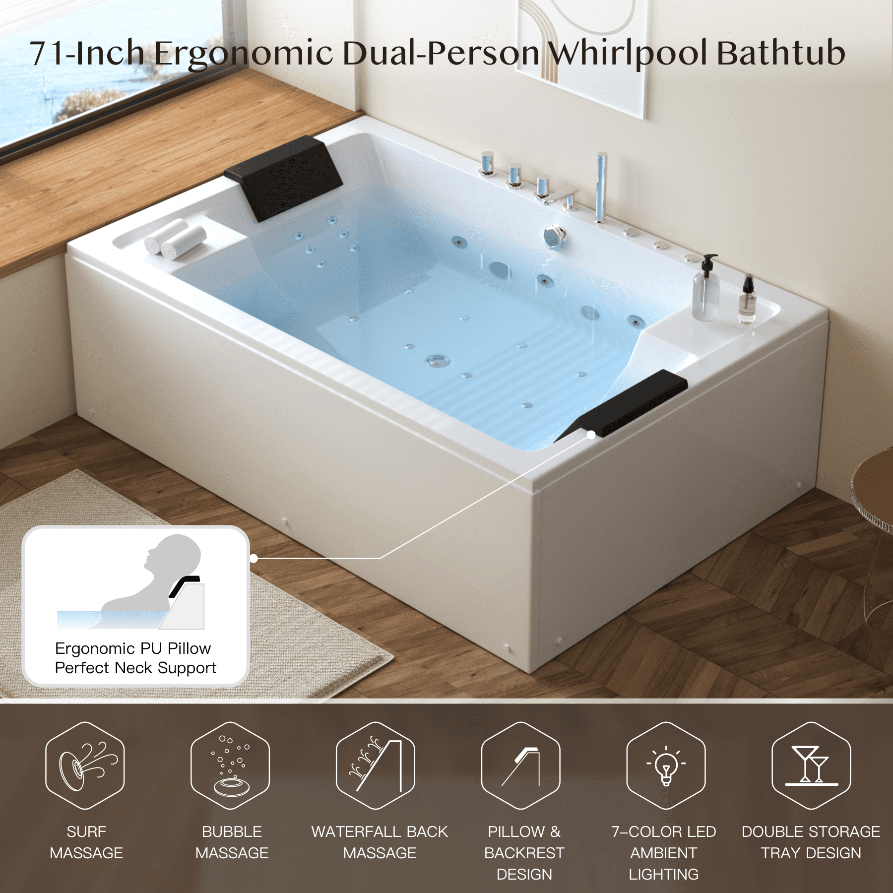 71" x 47" Two-Person Jetted Tub with 12 Bubble Jets, 6 Large Water Jets & 12 Small Back Sprays, Thermostatic Control, Lighting, Acrylic Soaking Tub – White, ETL Certified