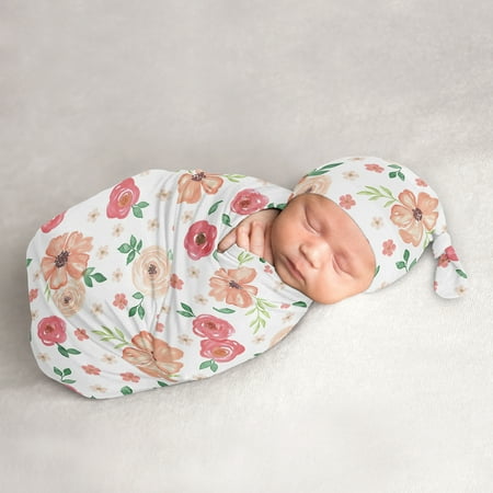 UPC: 0846480088530 | Watercolor Floral Peach and Green Baby Cocoon and Beanie Hat Sleep Sack Set by Sweet JoJo Designs